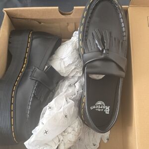 Dr. Martens Adrian Quad Black Tassel Penny Loafers with Yellow Stitching